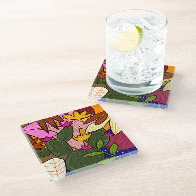 Abstract tropical leaves and flowers   glass coaster (Angled)