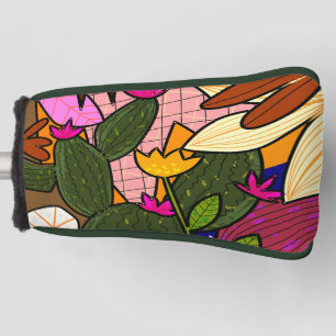 Abstract tropical leaves and flowers golf head cover
