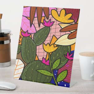 Abstract tropical leaves and flowers pedestal sign