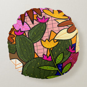 Abstract tropical leaves and flowers   round pillow