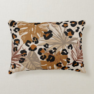 Abstract tropical leaves and grunge leopard camouf accent pillow