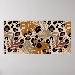 Abstract tropical leaves and grunge leopard camouf poster