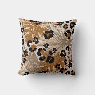 Abstract tropical leaves and grunge leopard camouf throw pillow