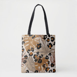Abstract tropical leaves and grunge leopard camouf tote bag
