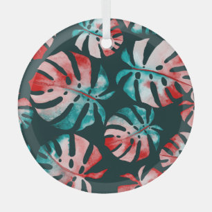 Abstract Tropical Leaves, Watercolor Bright. Glass Ornament