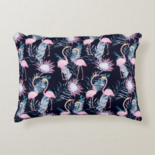 Abstract tropical pattern with flamingo, protea, l accent pillow