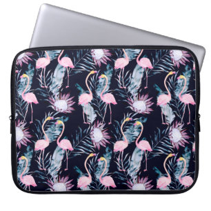 Abstract tropical pattern with flamingo, protea, l laptop sleeve