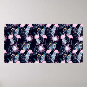 Abstract tropical pattern with flamingo, protea, l poster