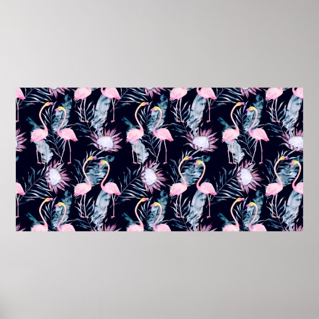 Abstract tropical pattern with flamingo, protea, l poster (Front)