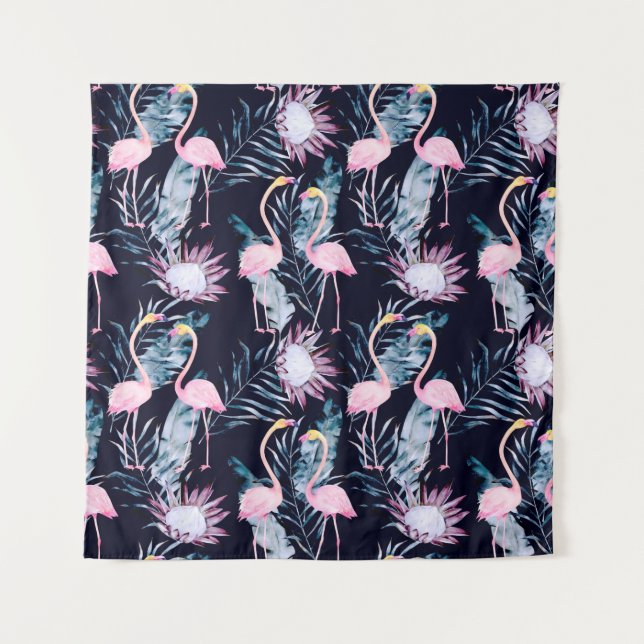 Abstract tropical pattern with flamingo, protea, l tapestry (Front)