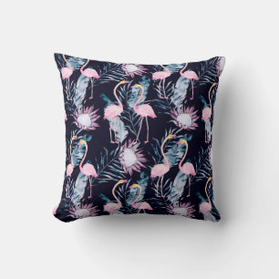 Abstract tropical pattern with flamingo, protea, l throw pillow