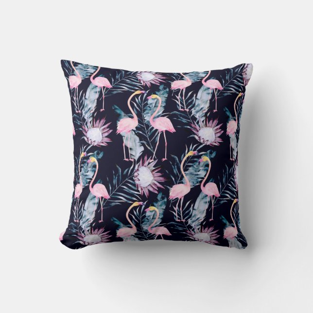 Abstract tropical pattern with flamingo, protea, l throw pillow (Front)
