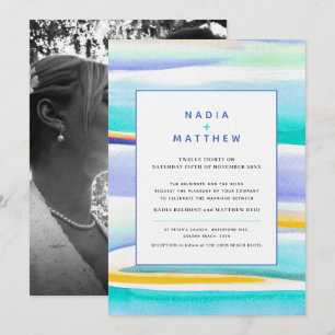Abstract tropical tide lines aqua yellow wedding invitation