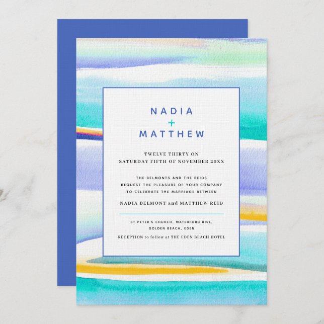 Abstract tropical tide lines blue yellow wedding invitation (Front/Back)