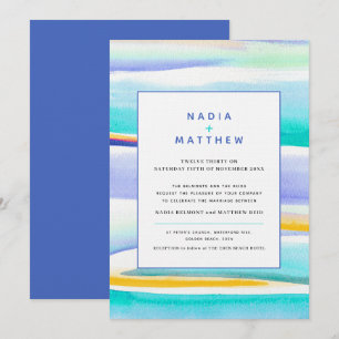 Abstract tropical tide lines blue yellow wedding invitation