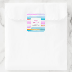 Abstract tropical tide lines pink aqua wedding square sticker