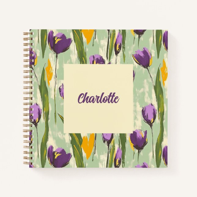 Abstract Tulip Blooms on Mint Green Background Notebook (Front)