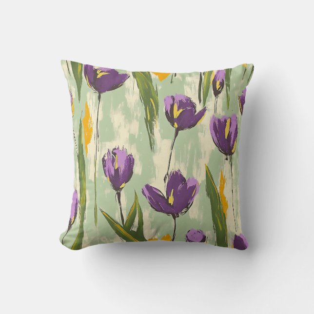 Abstract Tulip Blooms on Mint Green Background Throw Pillow (Front)