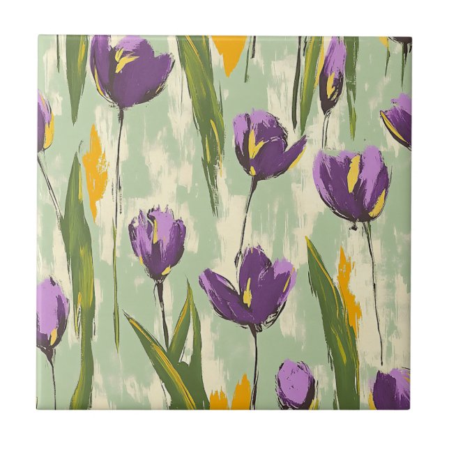 Abstract Tulip Blooms on Mint Green Background Tile (Front)