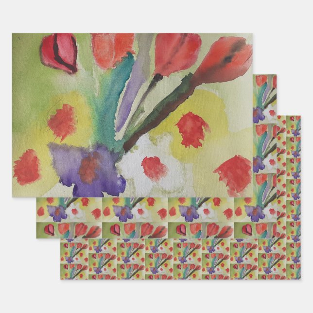 Abstract Tulips & Spring Flowers Wrapping Paper Sheet (Set)