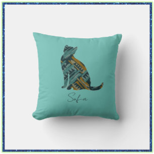 Abstract Turquoise and Gold Cat Throw Pillow