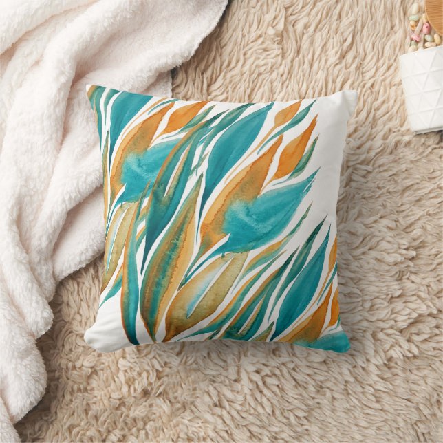 Abstract Turquoise And Rust  Watercolor Art Throw Pillow (Blanket)