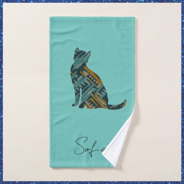 Abstract Turquoise Blue & Gold Cat  Bath Towel Set (Creator Uploaded)