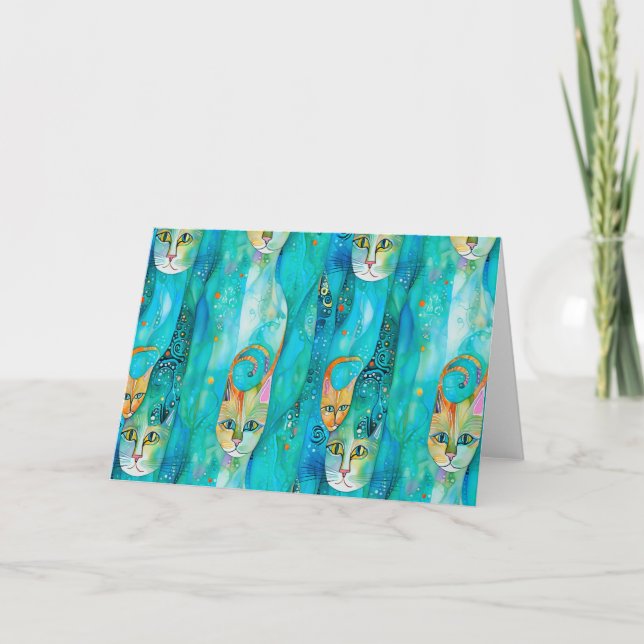 Abstract turquoise  cat thank you card (Front)