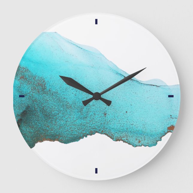 Abstract Turquoise Gold Alcohol Ink Art Large Clock (Front)
