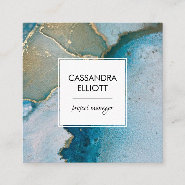 Abstract Turquoise & Gold Alcohol Ink Liquid Art Square Business Card (Front)