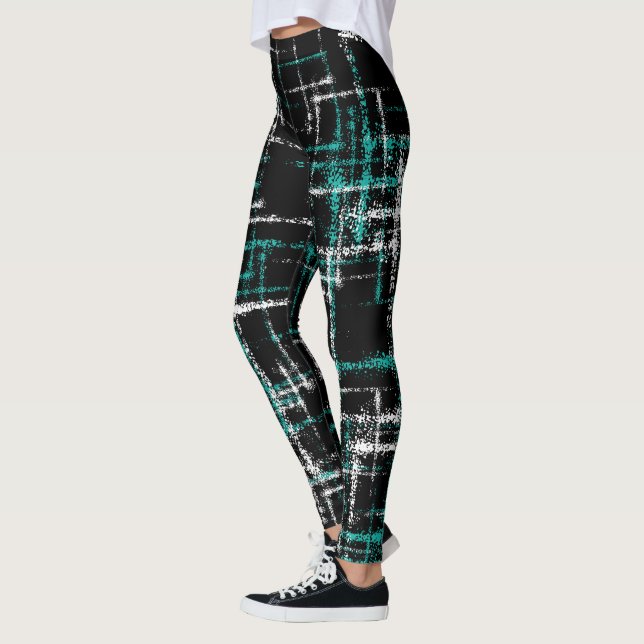 abstract turquoise white criss cross pattern leggings (Left)