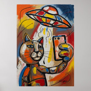 Abstract UFO Cat Colorful Cubist Cat Poster