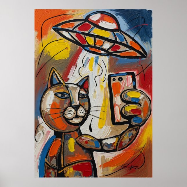 Abstract UFO Cat Colorful Cubist Cat Poster (Front)