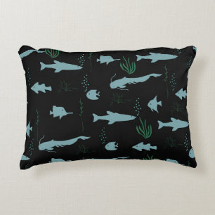 Abstract underwater pattern with fishes and seawee accent pillow