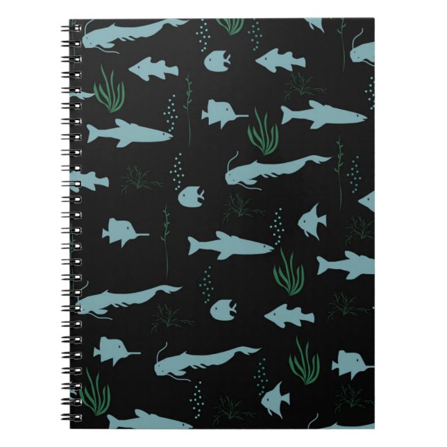 Abstract underwater pattern with fishes and seawee notebook (Front)