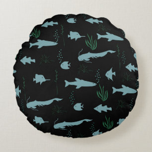 Abstract underwater pattern with fishes and seawee round pillow