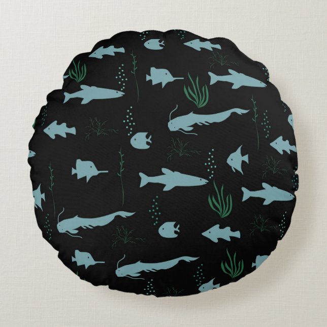 Abstract underwater pattern with fishes and seawee round pillow (Front)