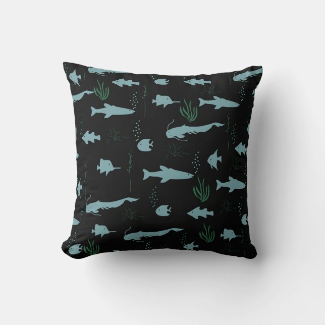 Abstract underwater pattern with fishes and seawee throw pillow (Front)