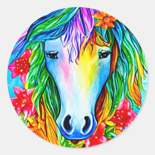 Abstract unicorn Face flowers watercolor Art Class Classic Round Sticker