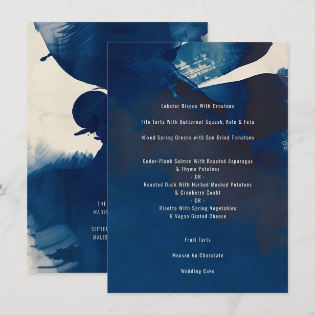 Abstract Unique Navy Blue Ink Painting Wedding Menu (Front/Back)
