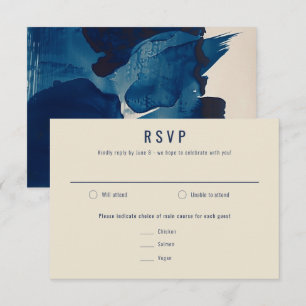 Abstract Unique Navy Blue Ink Painting Wedding RSVP Card