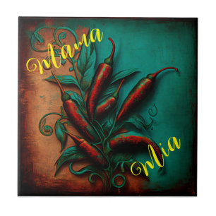 Abstract verdigris red chili painting tile