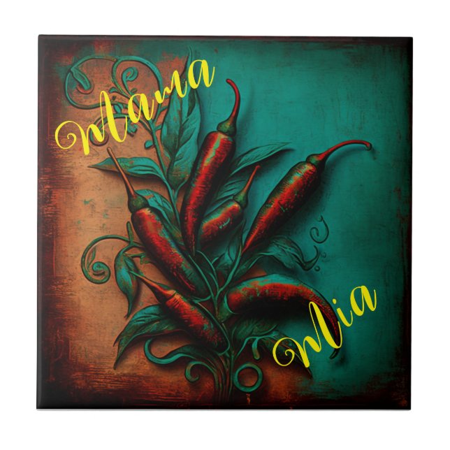 Abstract verdigris red chili painting  tile (Front)
