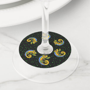 Abstract Vibrant Coloured Lizard on Branch Dots Wine Glass Tag