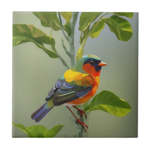 Abstract Vibrant Colours Songbird On Tree Branch Tile