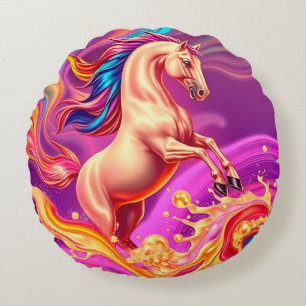Abstract Vibrant Horse Illustration Round Pillow