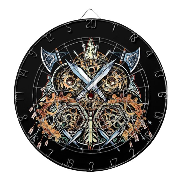 Abstract Viking Owl Cogwheel Face Mask Dartboard (Front)