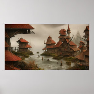 Abstract village too close to the ocean poster