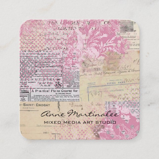 Abstract Vintage Collage Pink Square Business Card (Front)