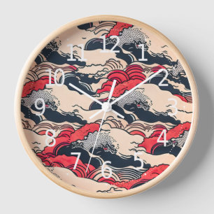 Abstract Vintage Ocean Waves Japanese Style Art   Clock
